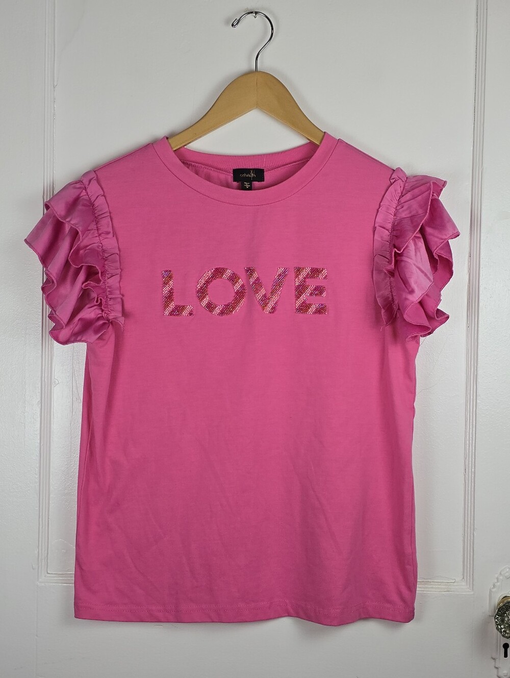 Anthropologie Twelve by Ontwelfth Cute Pink Girlhoodcore Beaded Ruffle Tee M